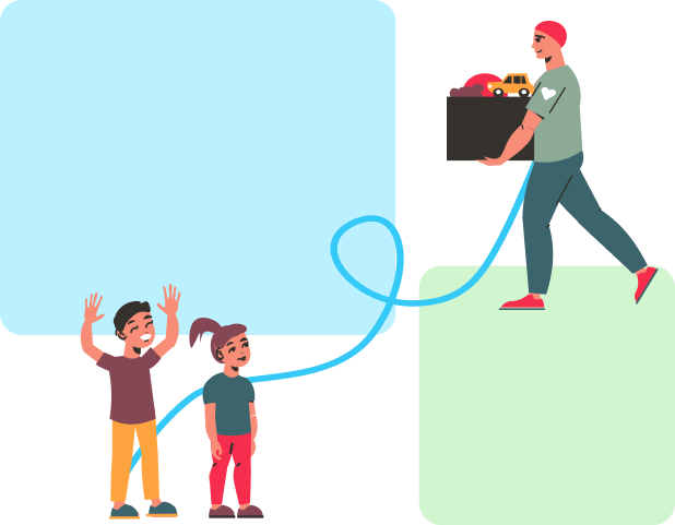 Ilustração de pessoa carregando caixa e crianças